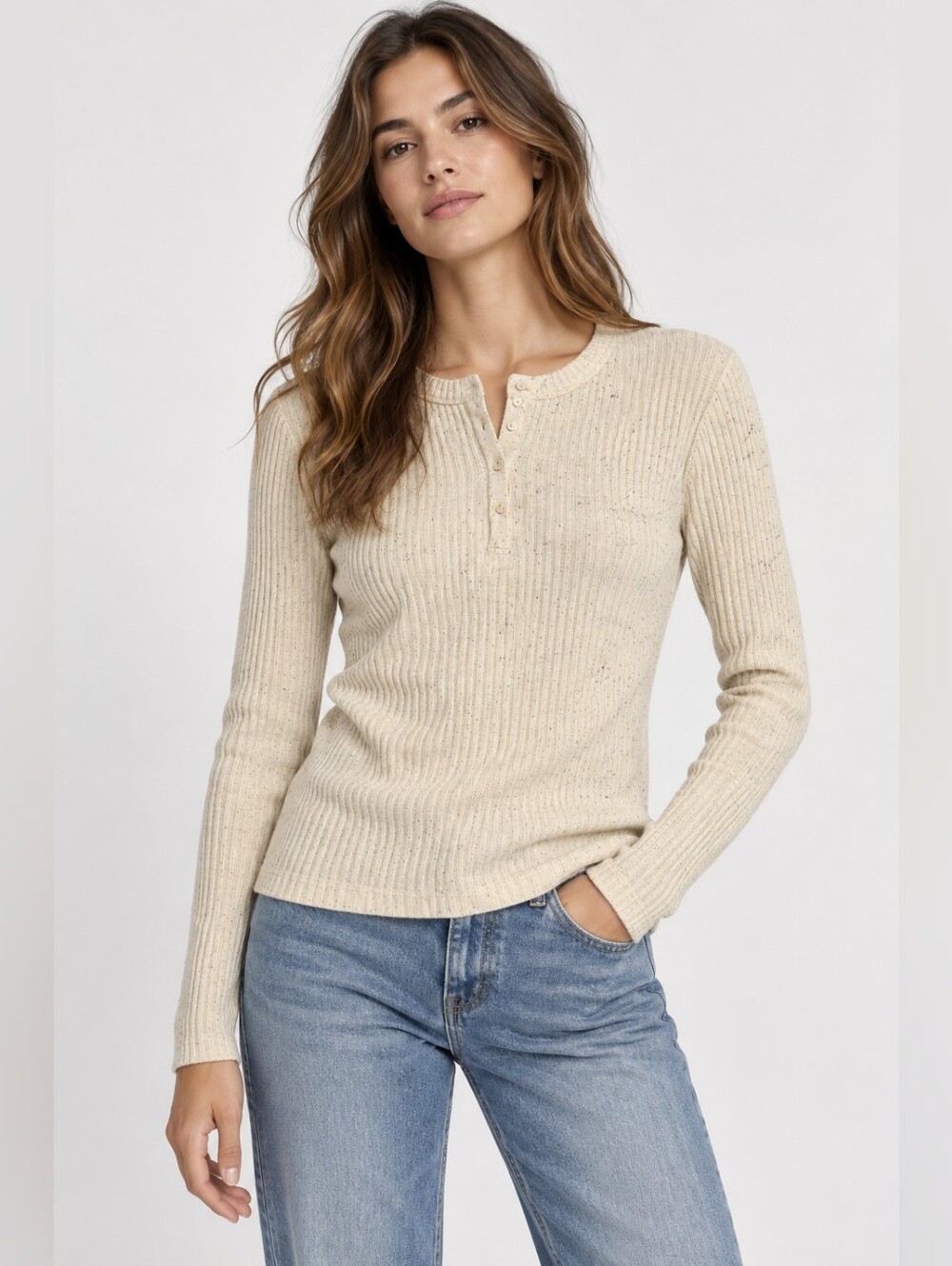 Zara Women’s Size L Cream Speckled Ribbed Knit Henley Long Sleeve Top